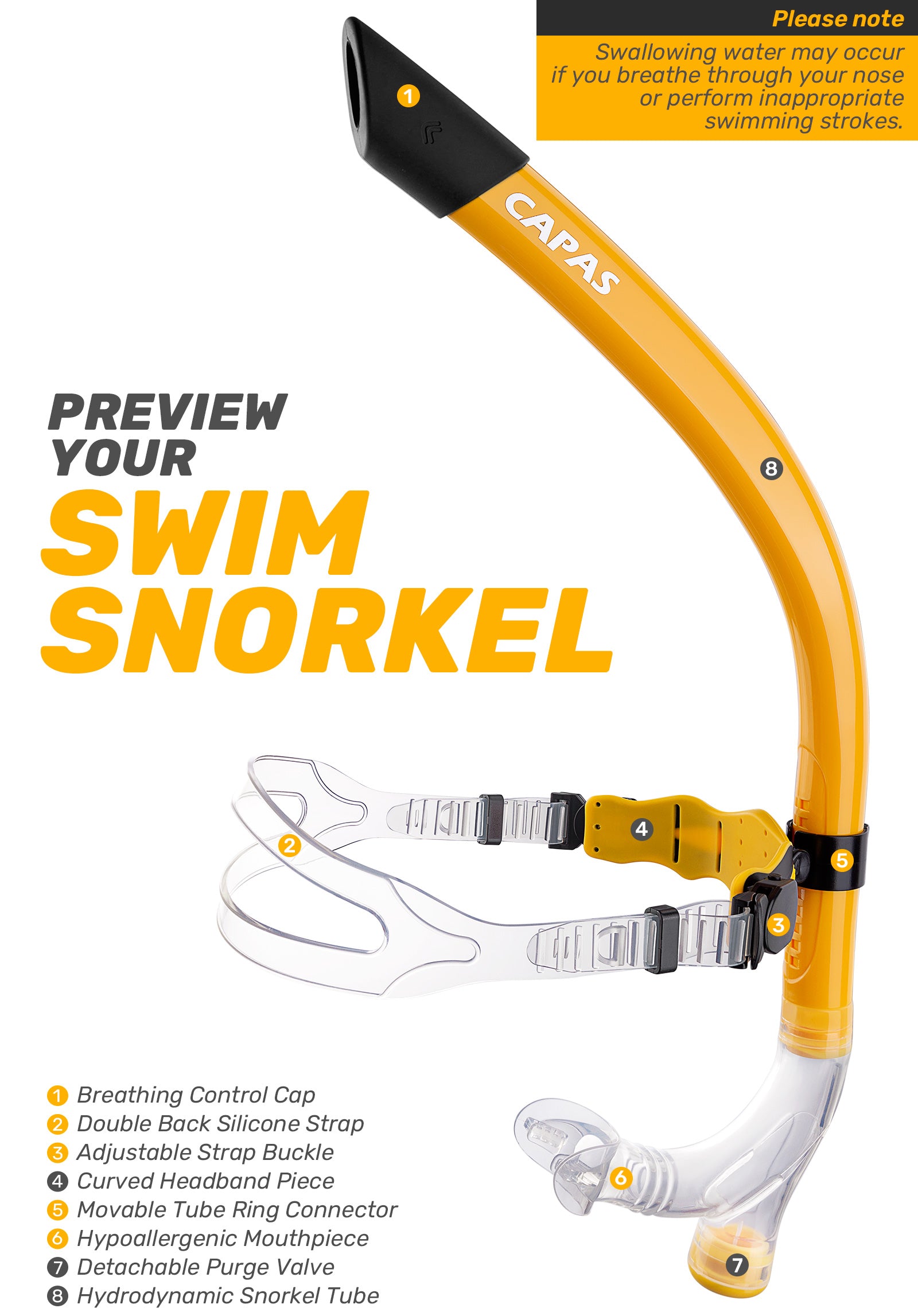 CAPAS Training Swim Snorkel, Orange Black