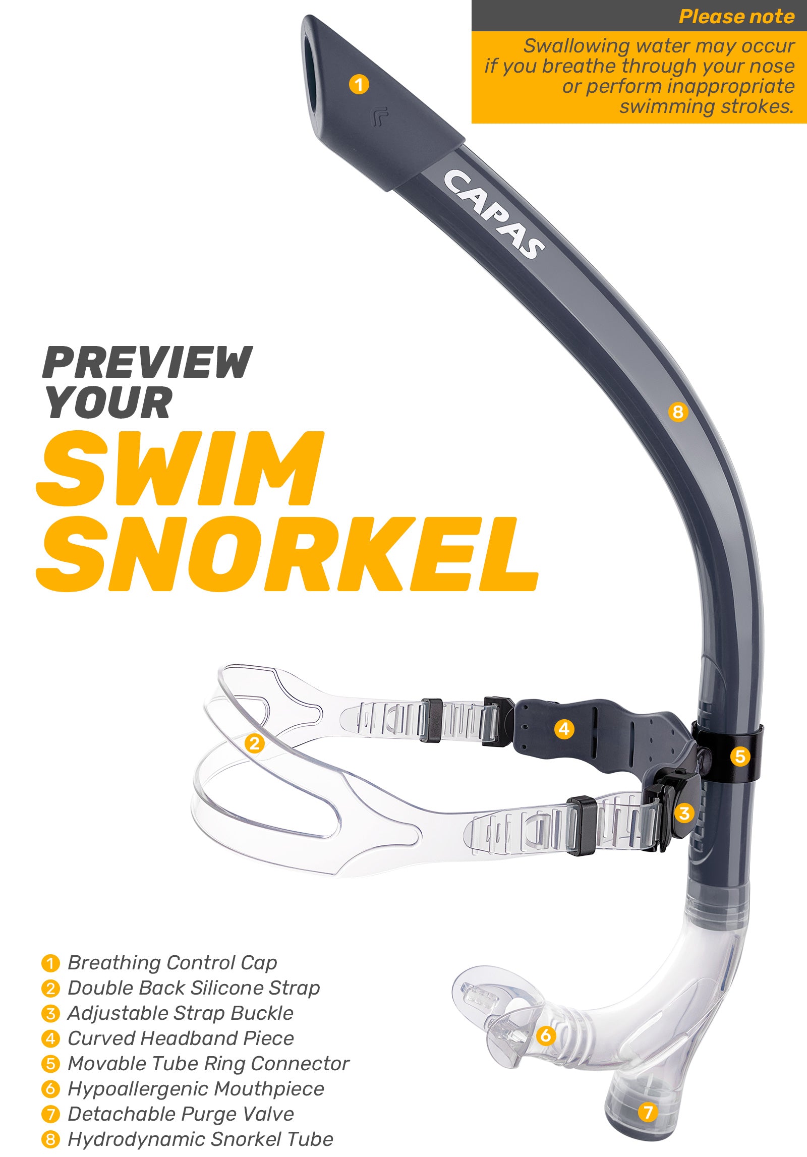 CAPAS Training Swim Snorkel, Navy Black