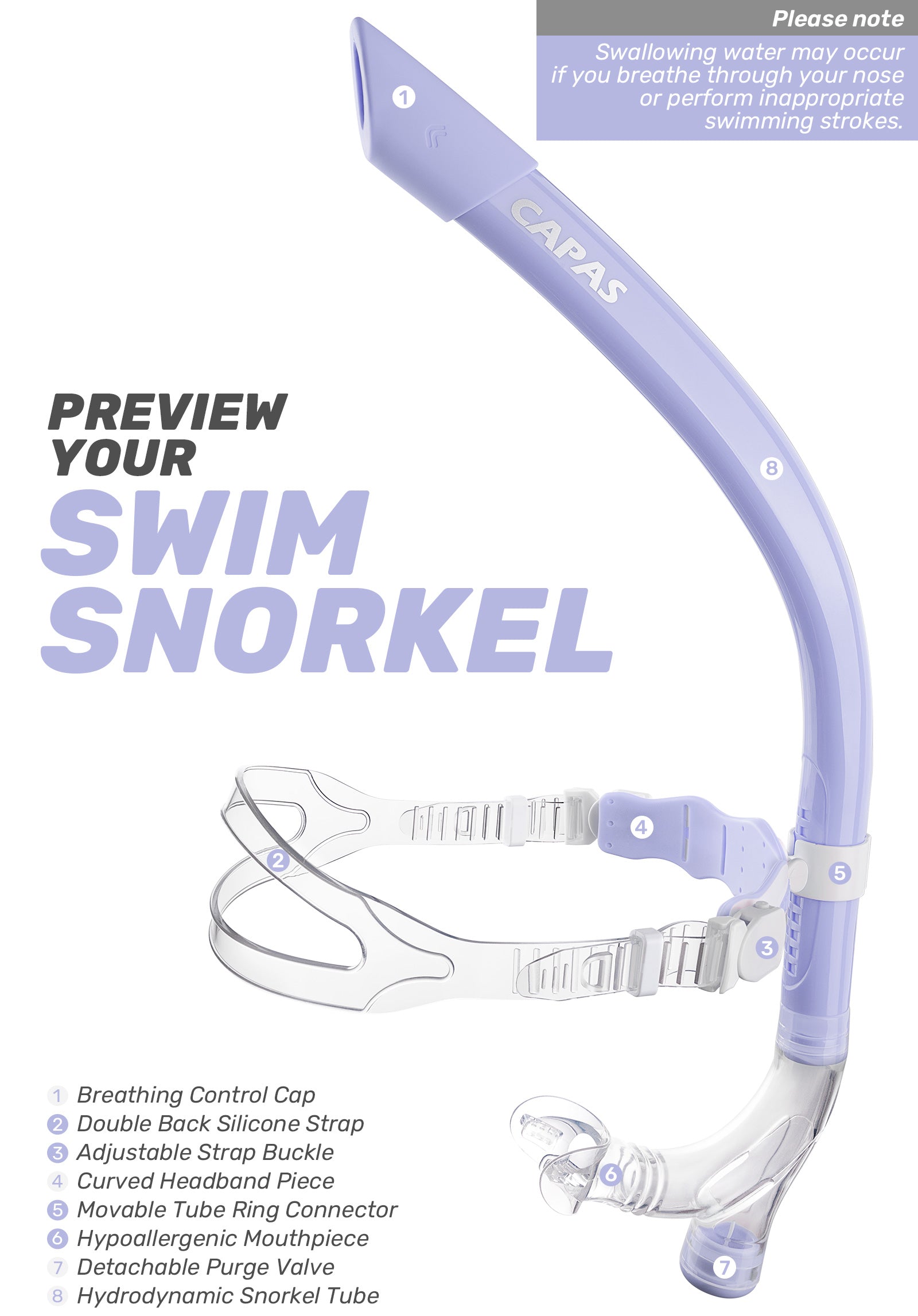 CAPAS Training Swim Snorkel, Purple White