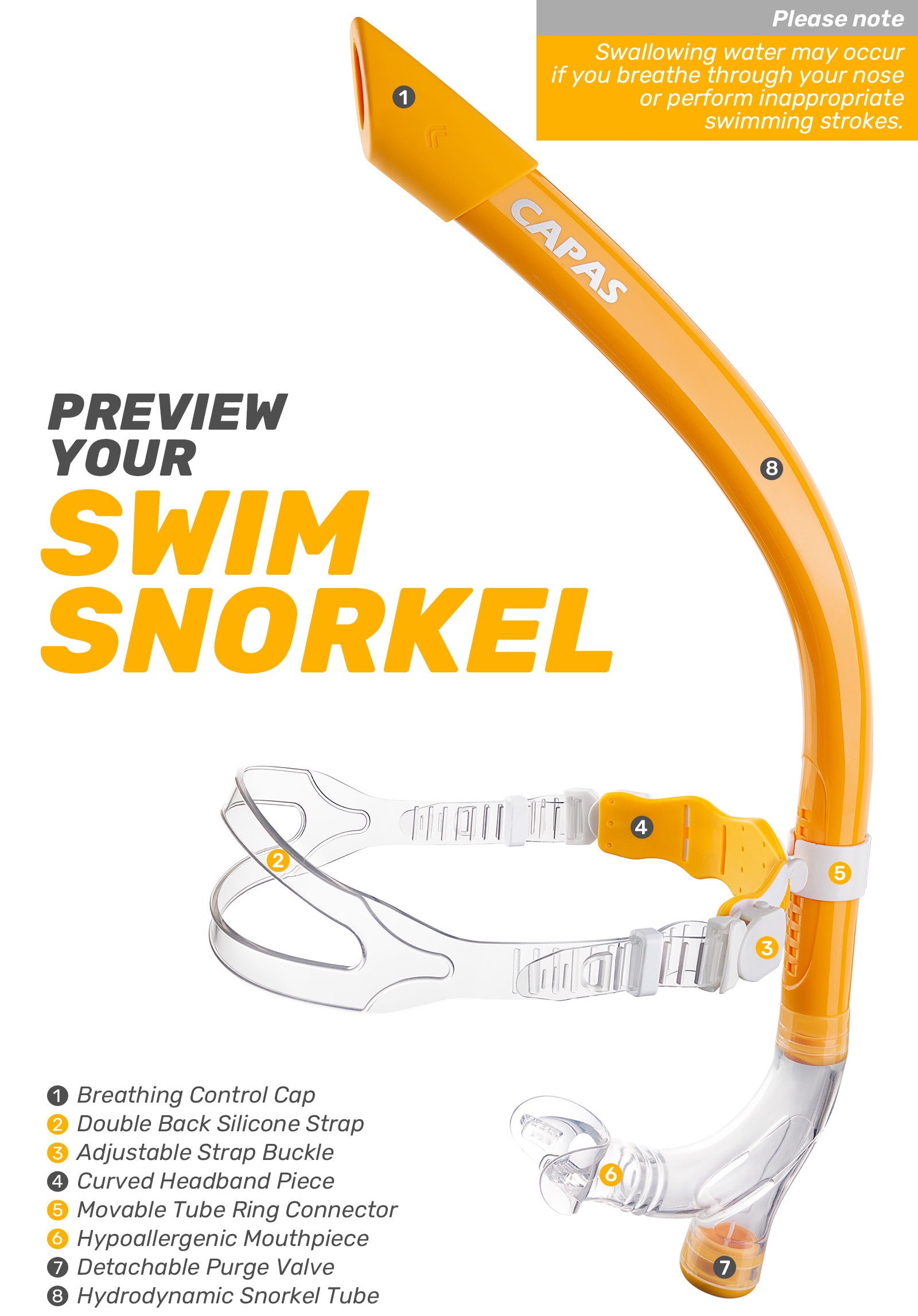 CAPAS Training Swim Snorkel, Orange White