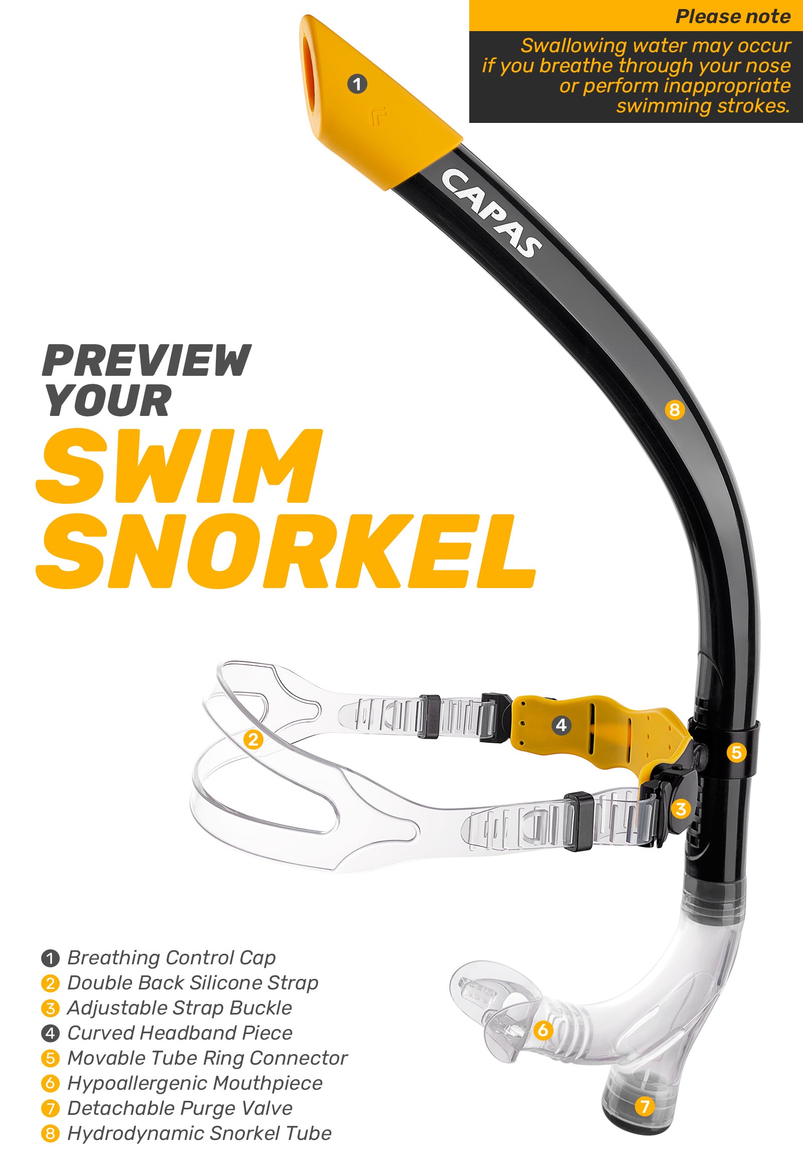 CAPAS Training Swim Snorkel, Black Orange