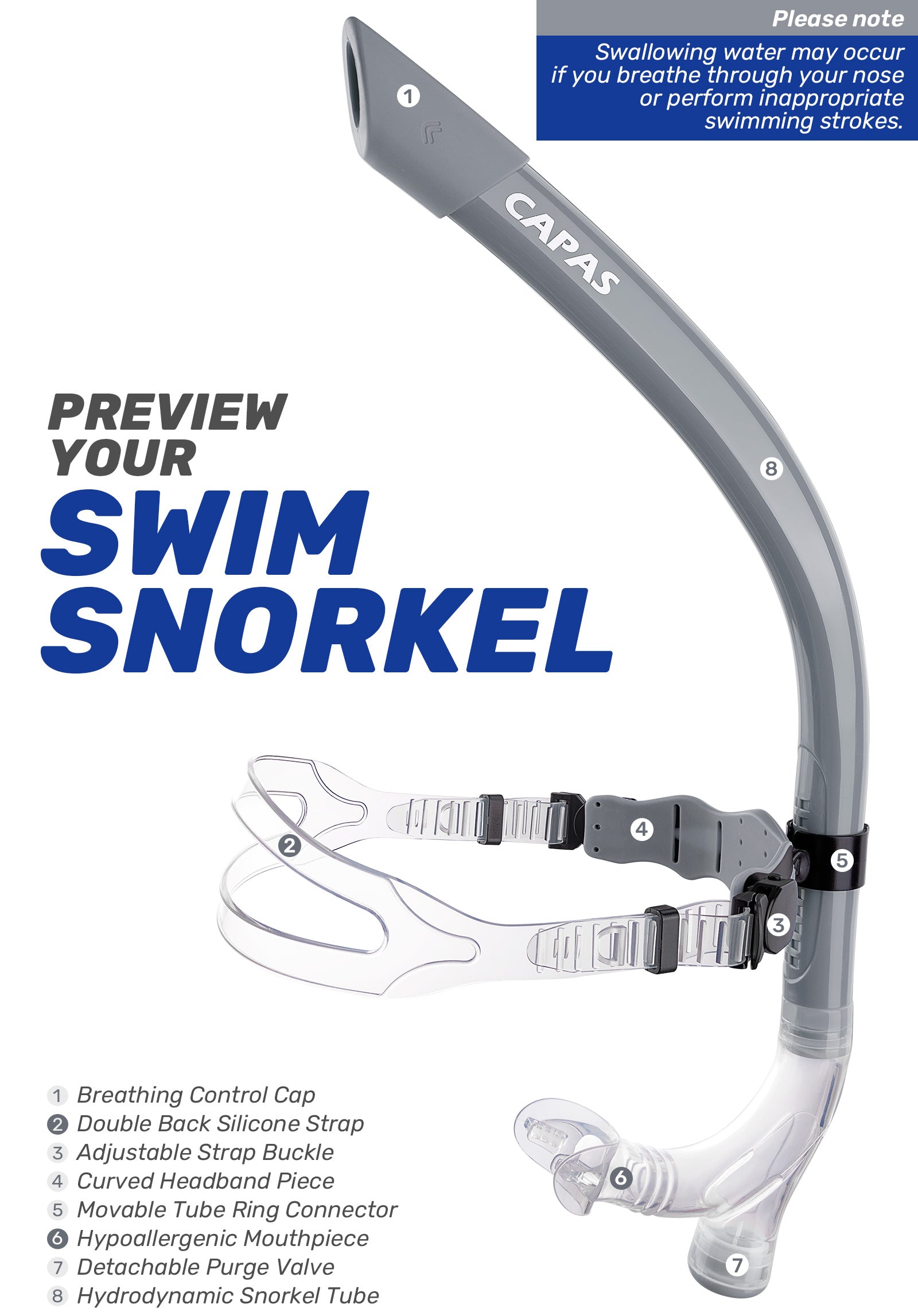 CAPAS Training Swim Snorkel, Grey Black