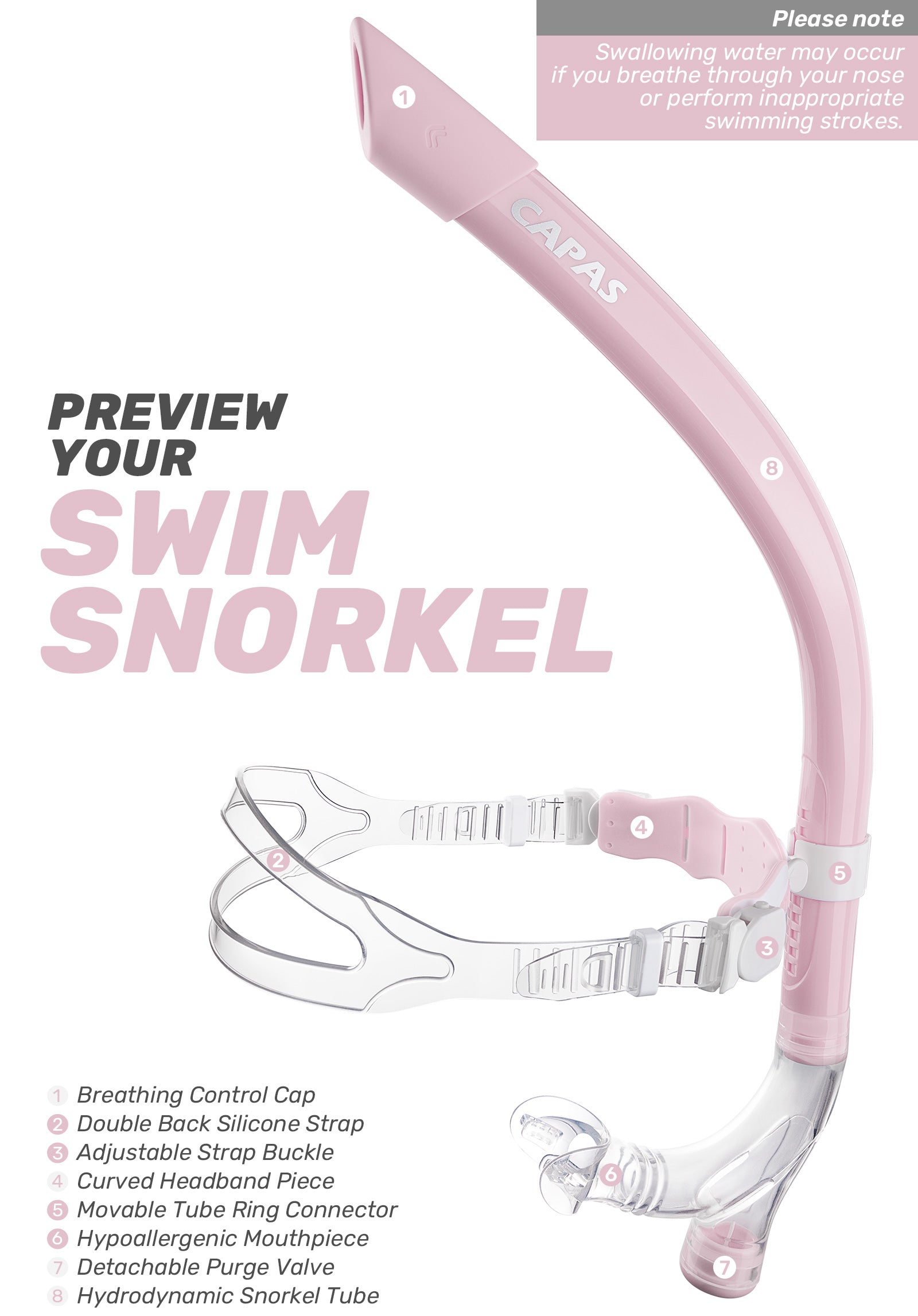 CAPAS Training Swim Snorkel, Pink White