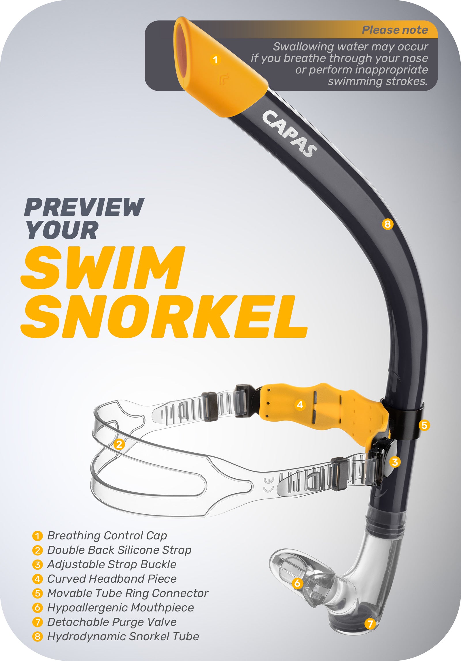 CAPAS Training Swim Snorkel, Black Orange