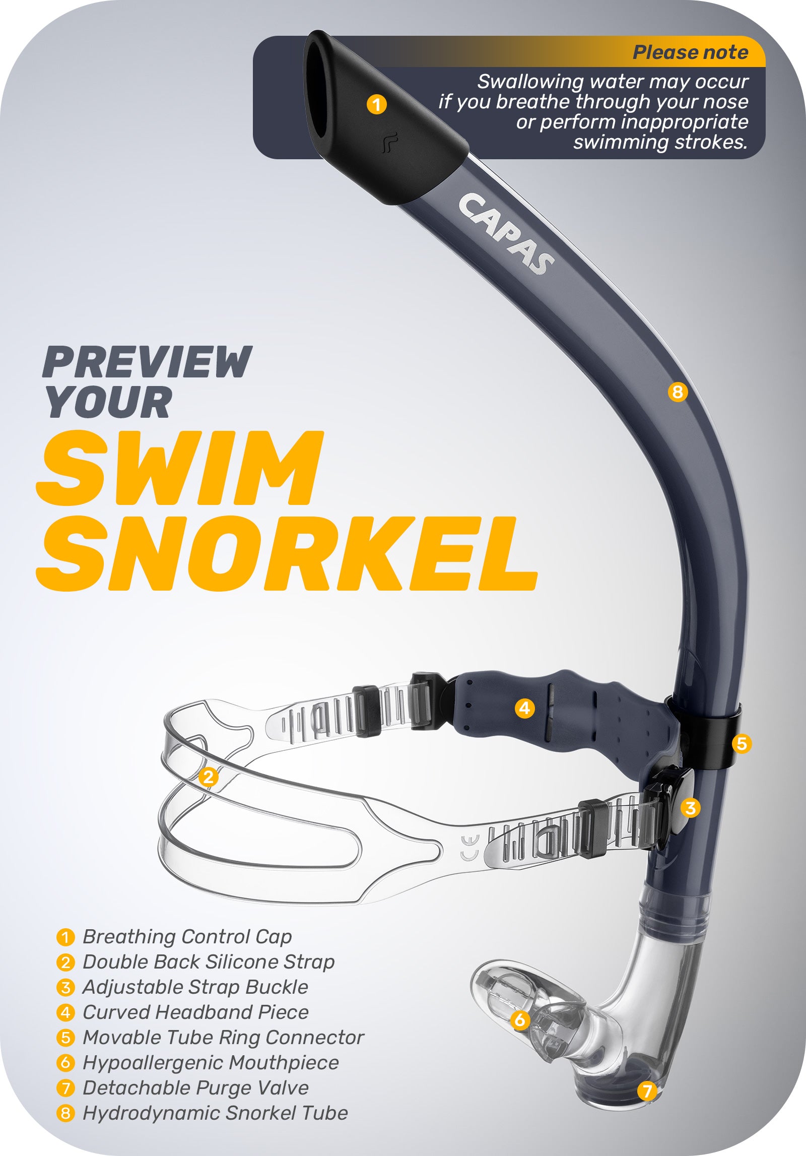 CAPAS Training Swim Snorkel, Navy Black