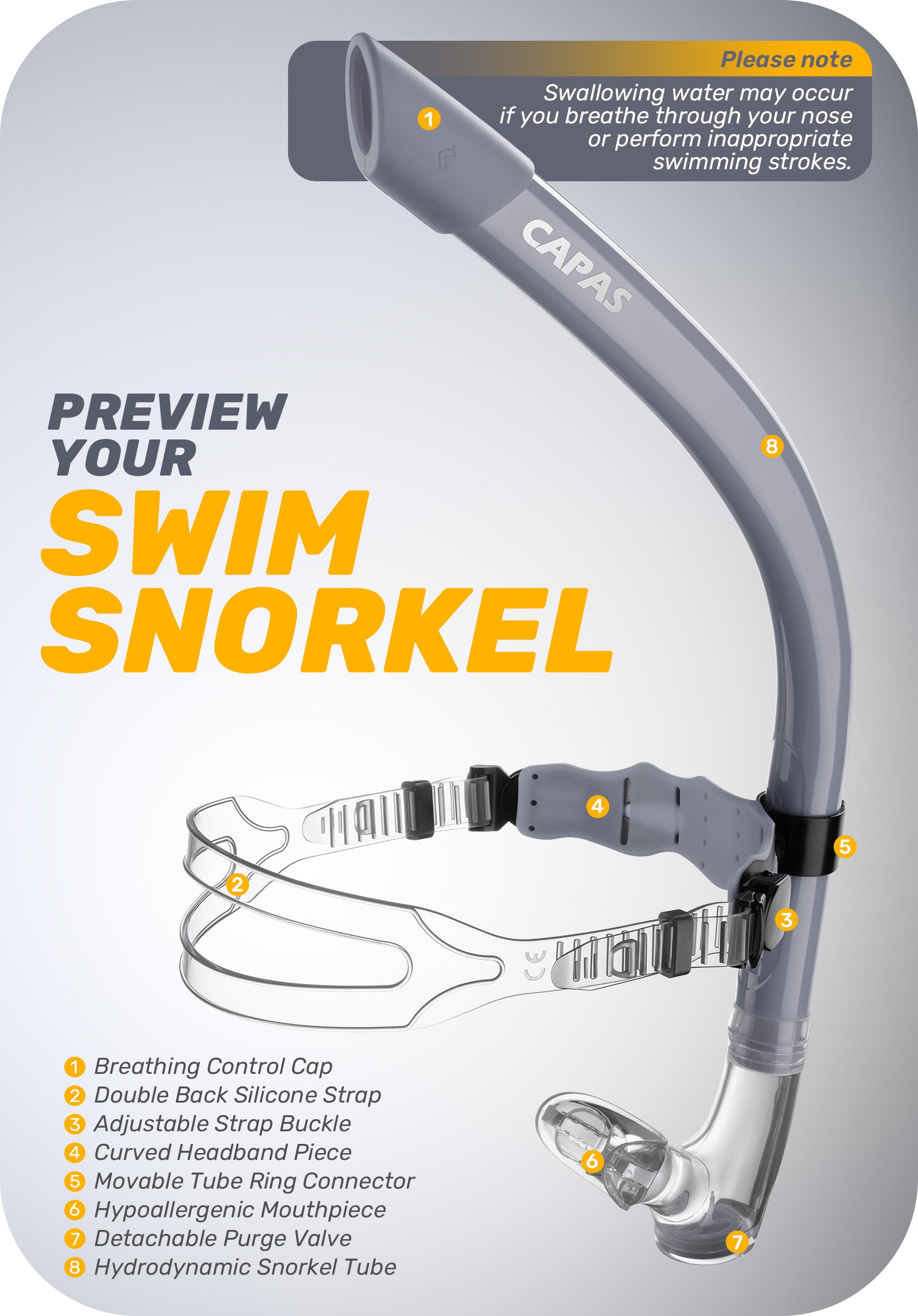 CAPAS Training Swim Snorkel, Grey Black