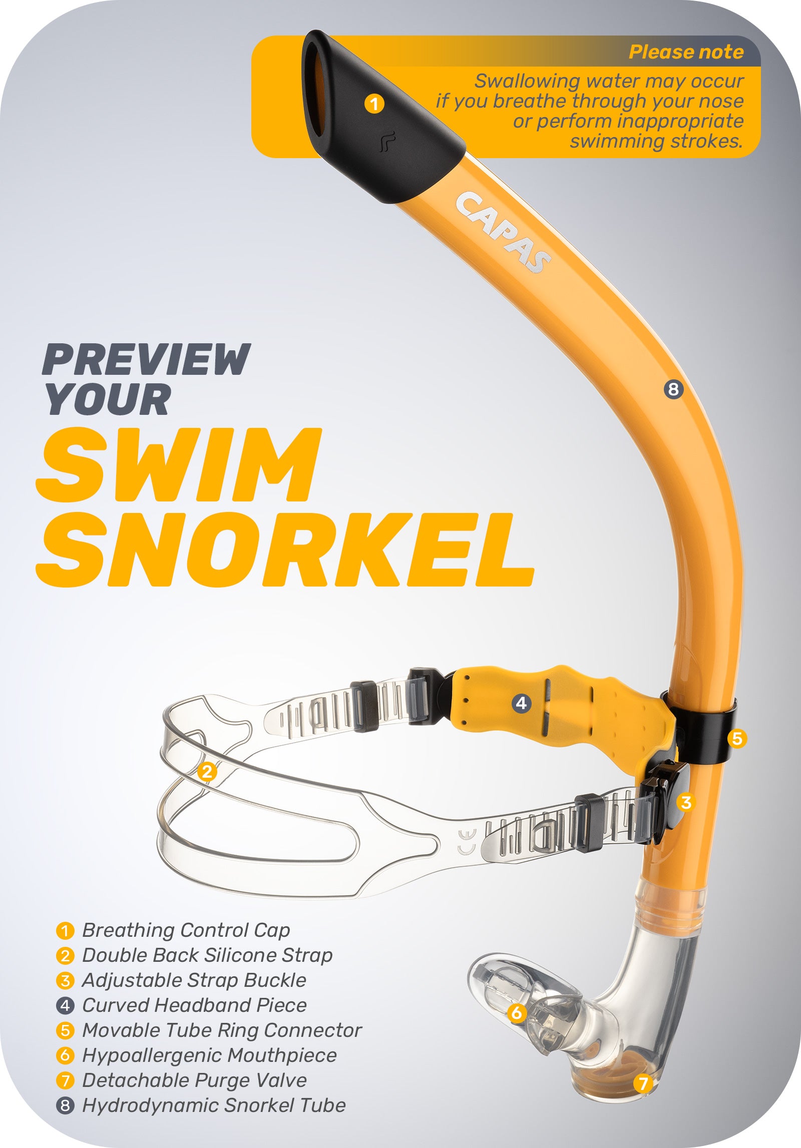CAPAS Training Swim Snorkel, Orange Black