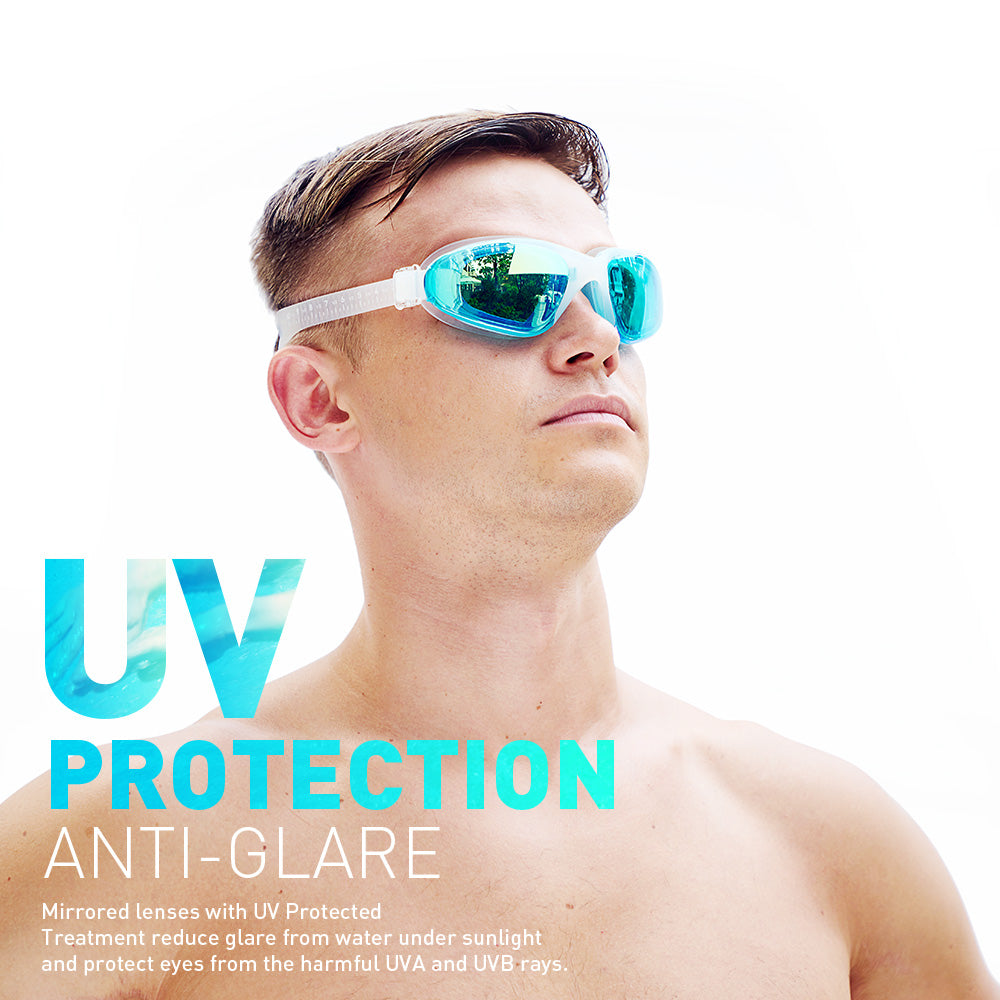 Swim Goggles Adult, Transparent With Mirror Green Gold Lens